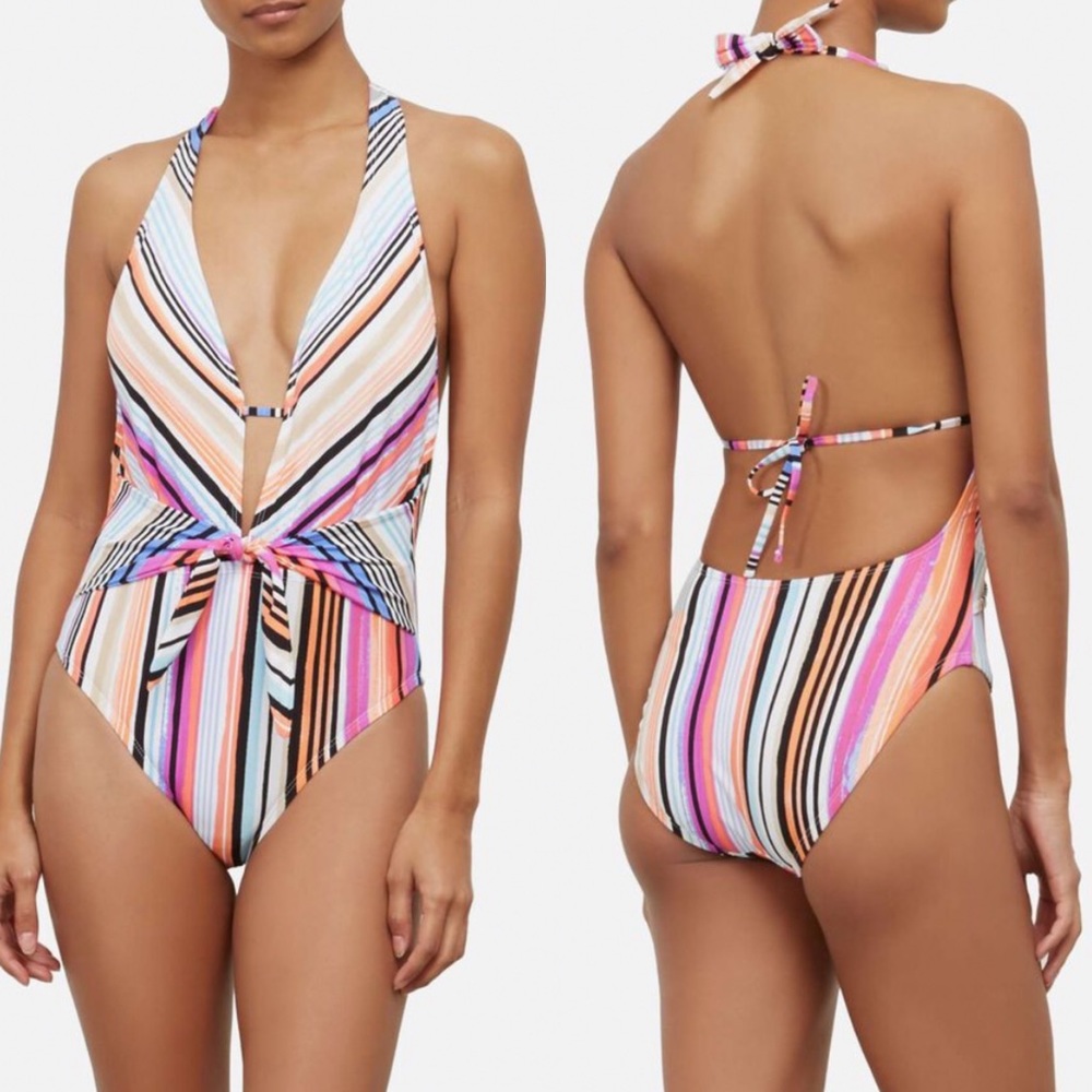 Kenneth Cole Striped Tie Plunge One Piece